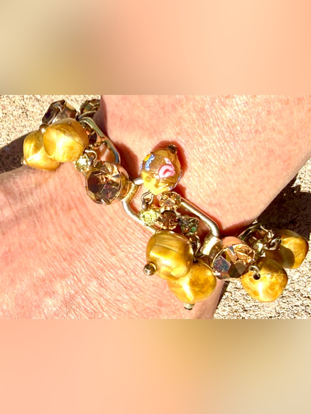 Vintage Gold Murano Glass Bead Charm Bracelet | Rhinestone Crystal | 7